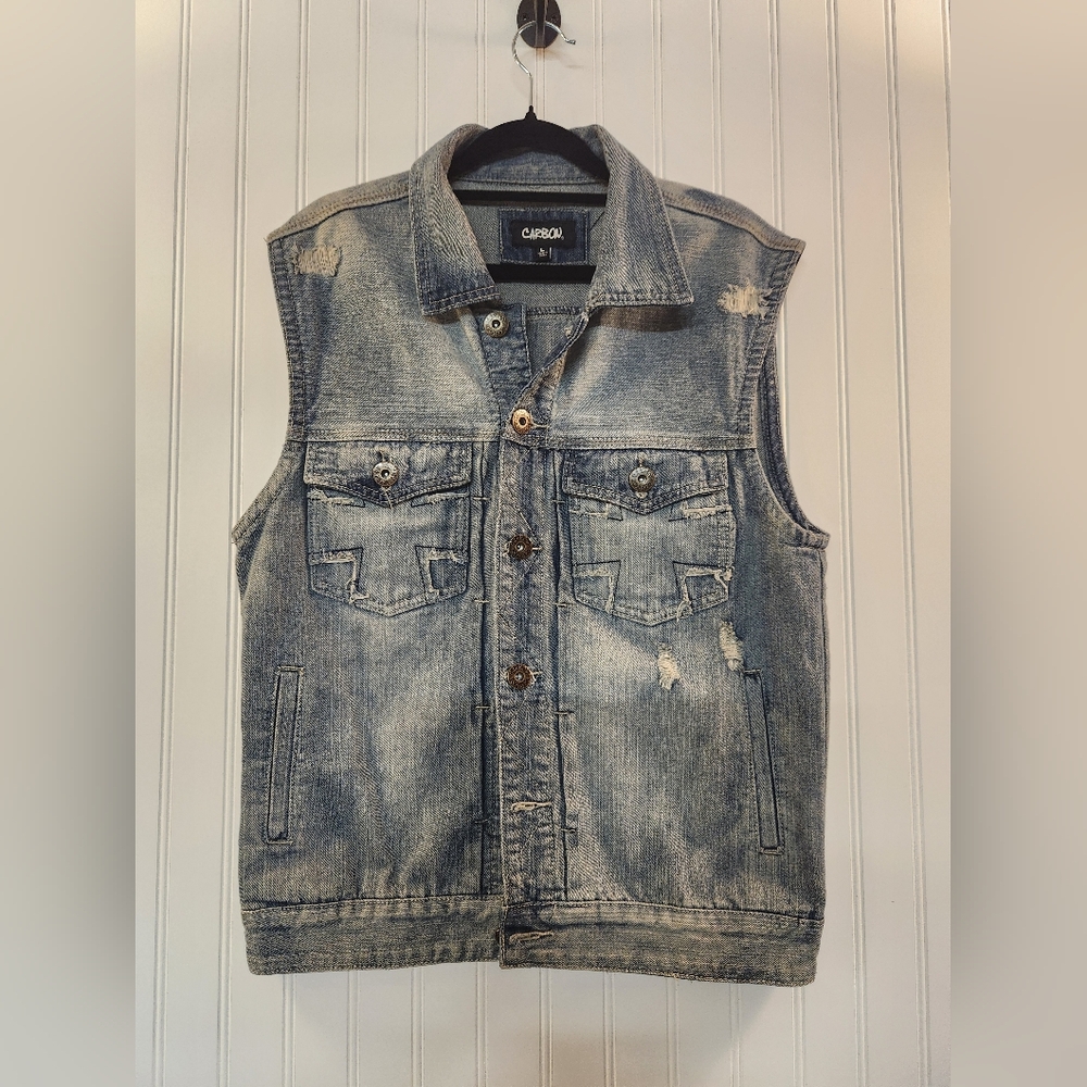 Carbon Women's Distress Blue Denim Vest Jacket Size L Biker Rugged Grunge Moto‎